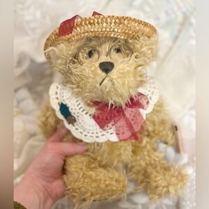 Plush Beige Teddy Bear with Straw Hat, Glasses, and Red Bow